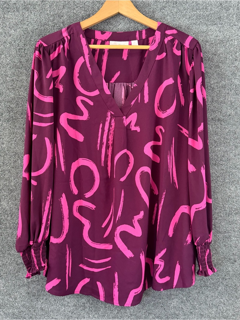 Belle Kim Gravel Womens 2X Long Sleeve Top Purple Pink V Neck Artsy Office